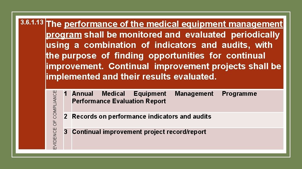 The performance of the medical equipment management program shall be monitored and evaluated periodically The performance of the medical equipment management program shall be monitored and evaluated periodically