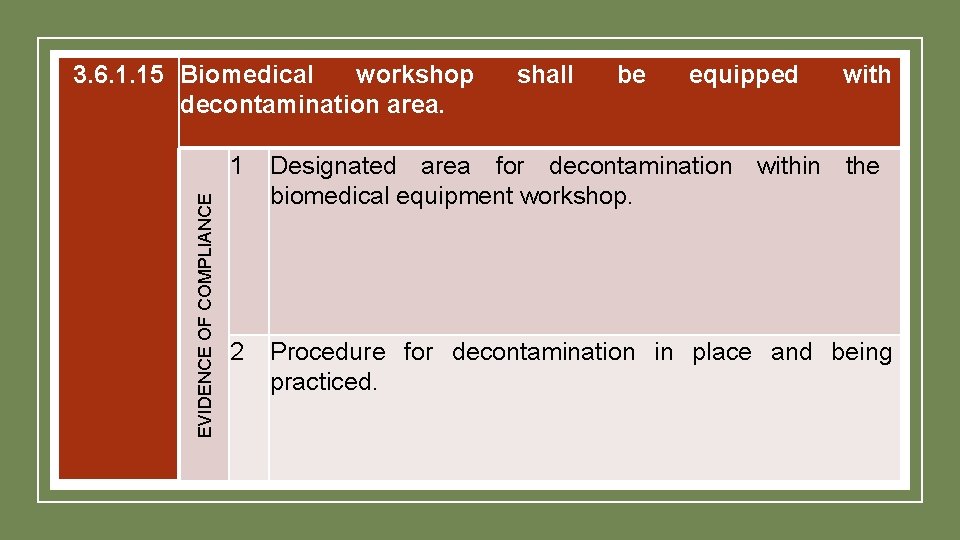 EVIDENCE OF COMPLIANCE 3. 6. 1. 15 Biomedical workshop decontamination area. shall be equipped EVIDENCE OF COMPLIANCE 3. 6. 1. 15 Biomedical workshop decontamination area. shall be equipped