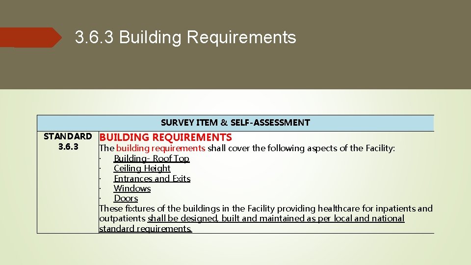 3. 6. 3 Building Requirements SURVEY ITEM & SELF-ASSESSMENT STANDARD BUILDING REQUIREMENTS 3. 6. 3. 6. 3 Building Requirements SURVEY ITEM & SELF-ASSESSMENT STANDARD BUILDING REQUIREMENTS 3. 6.