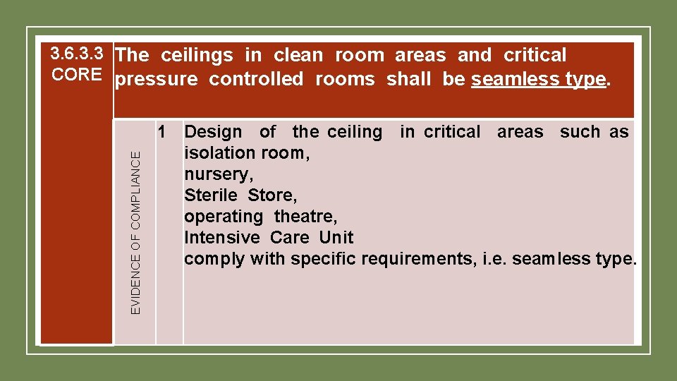 EVIDENCE OF COMPLIANCE 3. 6. 3. 3 The ceilings in clean room areas and EVIDENCE OF COMPLIANCE 3. 6. 3. 3 The ceilings in clean room areas and