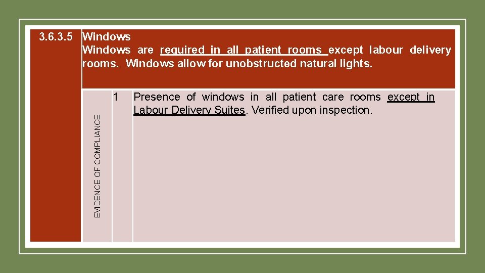 3. 6. 3. 5 Windows are required in all patient rooms except labour delivery 3. 6. 3. 5 Windows are required in all patient rooms except labour delivery