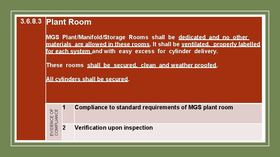 3. 6. 8. 3 Plant Room MGS Plant/Manifold/Storage Rooms shall be dedicated and no 3. 6. 8. 3 Plant Room MGS Plant/Manifold/Storage Rooms shall be dedicated and no