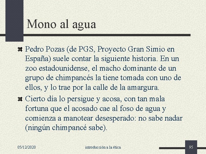 Mono al agua Pedro Pozas (de PGS, Proyecto Gran Simio en España) suele contar