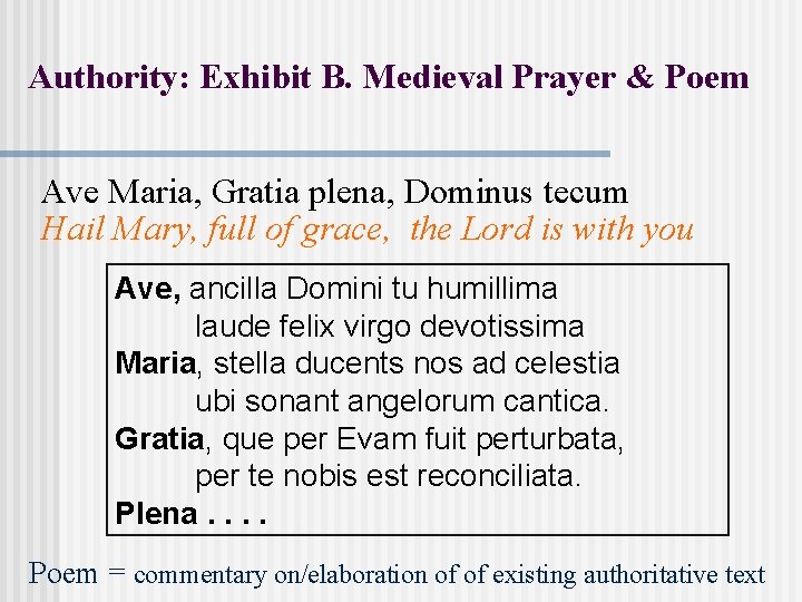 Authority: Exhibit B. Medieval Prayer & Poem Ave Maria, Gratia plena, Dominus tecum Hail