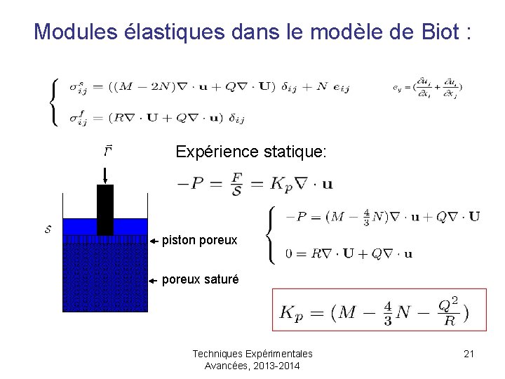 Modules élastiques dans le modèle de Biot : Expérience statique: piston poreux saturé Techniques