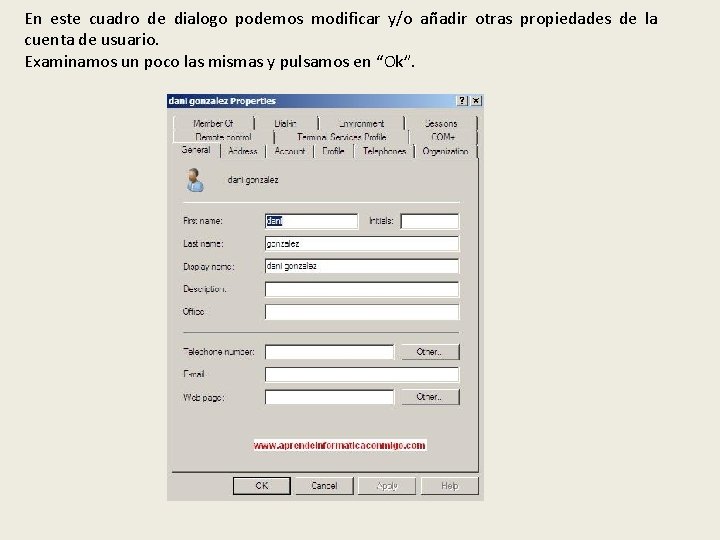 En este cuadro de dialogo podemos modificar y/o añadir otras propiedades de la cuenta