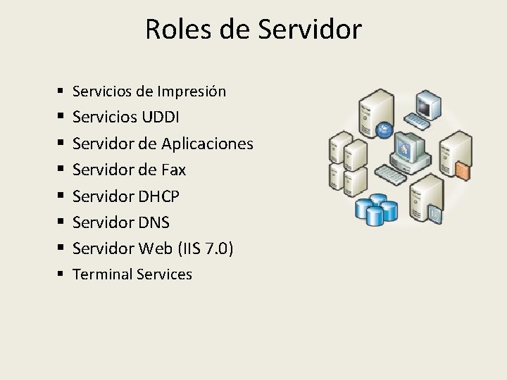 Roles de Servidor § Servicios de Impresión § § § Servicios UDDI Servidor de