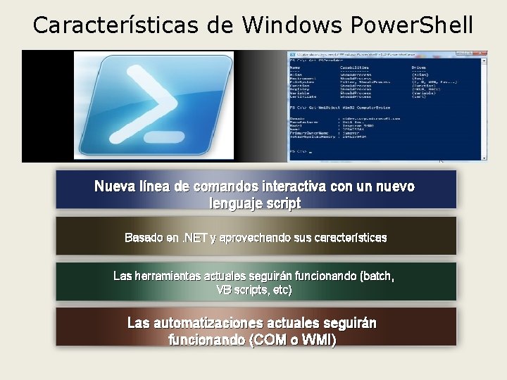 Características de Windows Power. Shell Nueva línea de comandos interactiva con un nuevo lenguaje