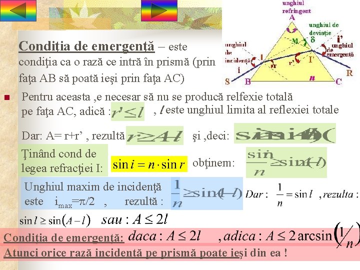 Condiţia de emergenţă – este condiţia ca o rază ce intră în prismă (prin