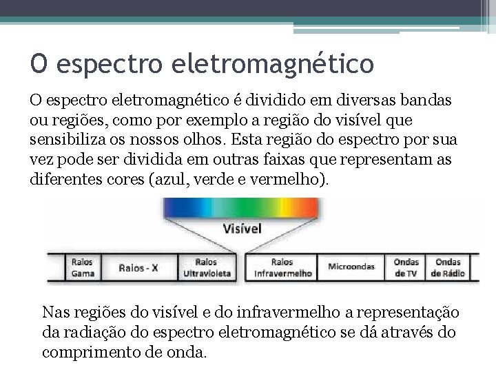 O espectro eletromagnético é dividido em diversas bandas ou regiões, como por exemplo a O espectro eletromagnético é dividido em diversas bandas ou regiões, como por exemplo a