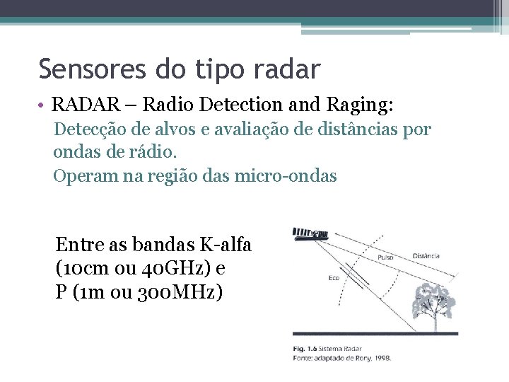 Sensores do tipo radar • RADAR – Radio Detection and Raging: Detecção de alvos Sensores do tipo radar • RADAR – Radio Detection and Raging: Detecção de alvos