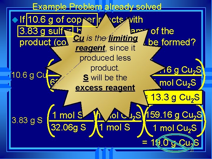 Example Problem already solved u If 10. 6 g of copper reacts with 3.