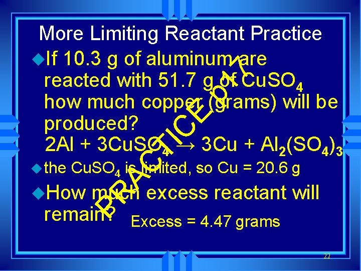Cu. SO 4 is limited, so Cu = 20. 6 g much excess reactant