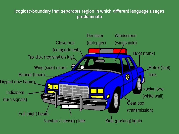 Isogloss-boundary that separates region in which different language usages predominate 