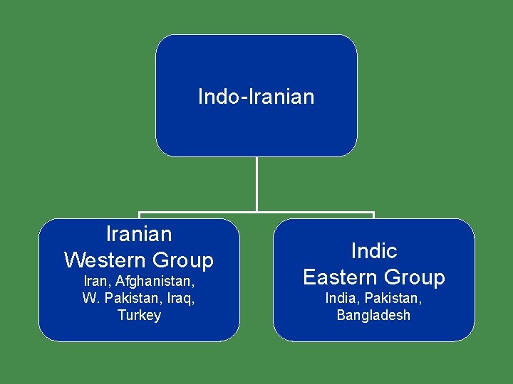 Indo-Iranian Western Group Iran, Afghanistan, W. Pakistan, Iraq, Turkey Indic Eastern Group India, Pakistan,