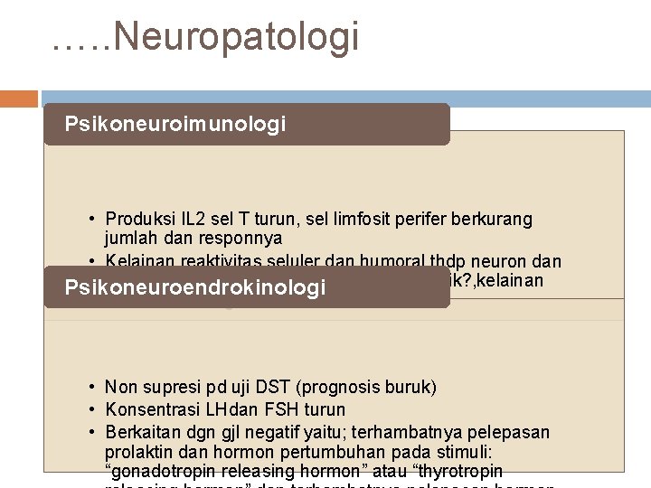 …. . Neuropatologi Psikoneuroimunologi • Produksi IL 2 sel T turun, sel limfosit perifer