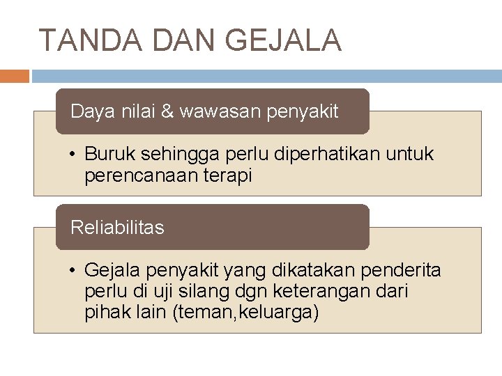 TANDA DAN GEJALA Daya nilai & wawasan penyakit • Buruk sehingga perlu diperhatikan untuk