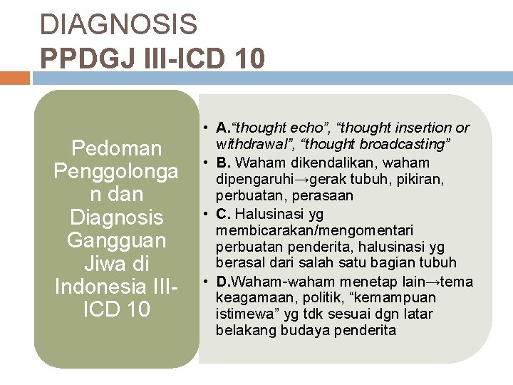 DIAGNOSIS PPDGJ III-ICD 10 Pedoman Penggolonga n dan Diagnosis Gangguan Jiwa di Indonesia IIIICD