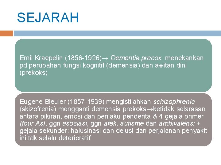 SEJARAH Emil Kraepelin (1856 -1926)→ Dementia precox menekankan pd perubahan fungsi kognitif (demensia) dan