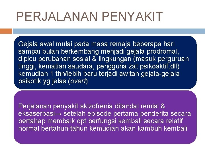 PERJALANAN PENYAKIT Gejala awal mulai pada masa remaja beberapa hari sampai bulan berkembang menjadi