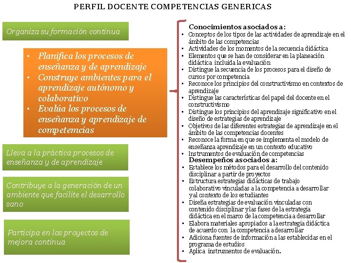 PERFIL DOCENTE COMPETENCIAS GENERICAS Organiza su formación continua • Planifica los procesos de enseñanza PERFIL DOCENTE COMPETENCIAS GENERICAS Organiza su formación continua • Planifica los procesos de enseñanza