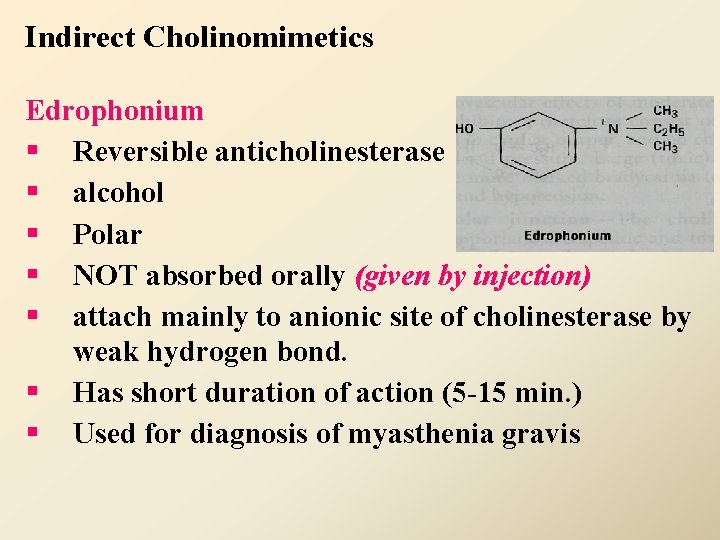 Indirect Cholinomimetics Edrophonium § Reversible anticholinesterase § alcohol § Polar § NOT absorbed orally