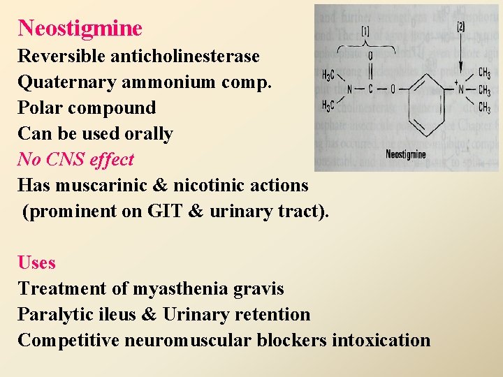 Neostigmine Reversible anticholinesterase Quaternary ammonium comp. Polar compound Can be used orally No CNS