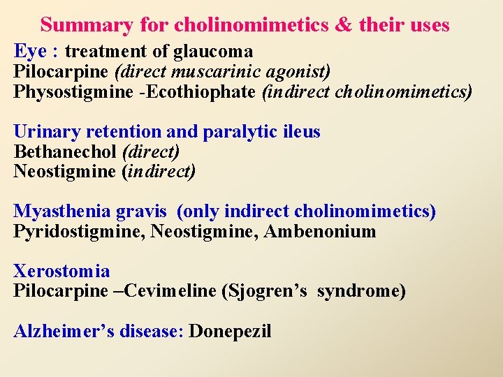 Summary for cholinomimetics & their uses Eye : treatment of glaucoma Pilocarpine (direct muscarinic