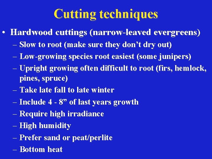 Cutting techniques • Hardwood cuttings (narrow-leaved evergreens) – Slow to root (make sure they