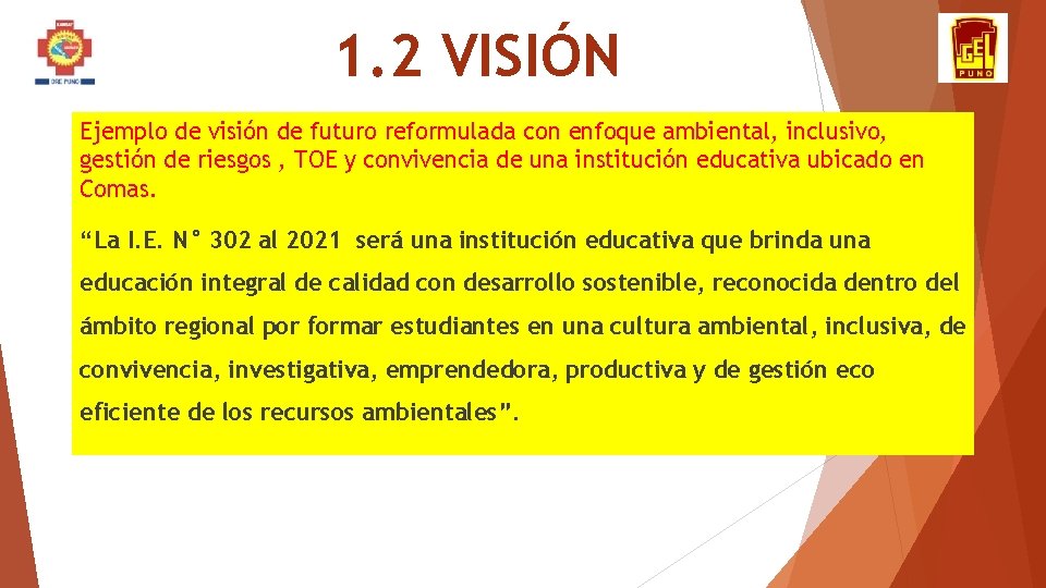 1. 2 VISIÓN Ejemplo de visión de futuro reformulada con enfoque ambiental, inclusivo, gestión