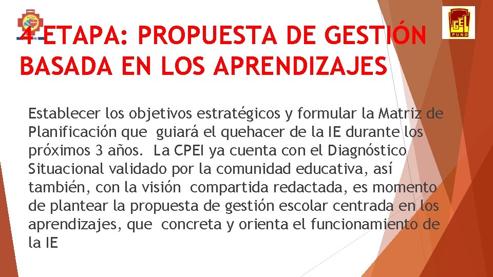 4 ETAPA: PROPUESTA DE GESTIÓN BASADA EN LOS APRENDIZAJES Establecer los objetivos estratégicos y