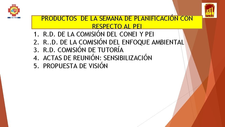 PRODUCTOS DE LA SEMANA DE PLANIFICACIÓN CON RESPECTO AL PEI 1. R. D. DE