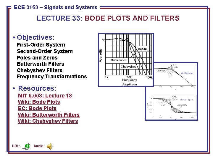 ECE 3163 8443––Signals Pattern and Recognition ECE Systems LECTURE 33: BODE PLOTS AND FILTERS