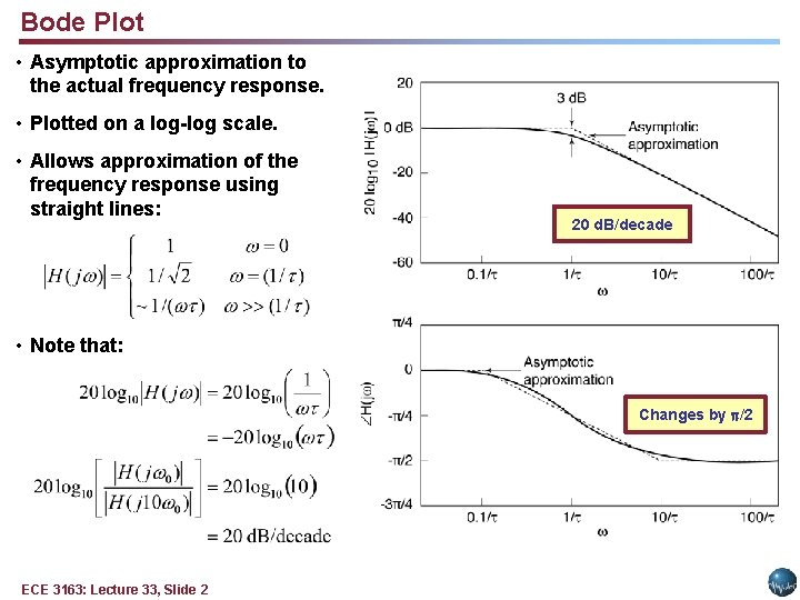 Bode Plot • Asymptotic approximation to the actual frequency response. • Plotted on a