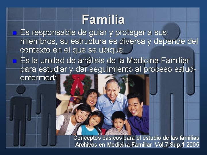 Familia n n Es responsable de guiar y proteger a sus miembros, su estructura Familia n n Es responsable de guiar y proteger a sus miembros, su estructura