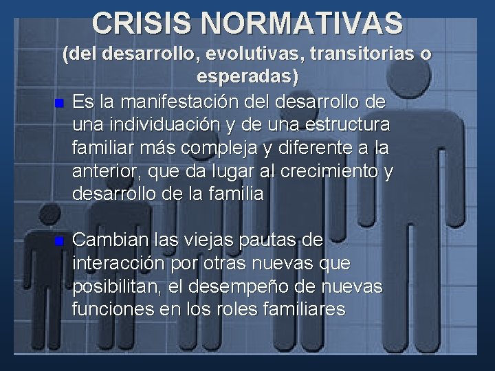 CRISIS NORMATIVAS (del desarrollo, evolutivas, transitorias o esperadas) n Es la manifestación del desarrollo CRISIS NORMATIVAS (del desarrollo, evolutivas, transitorias o esperadas) n Es la manifestación del desarrollo