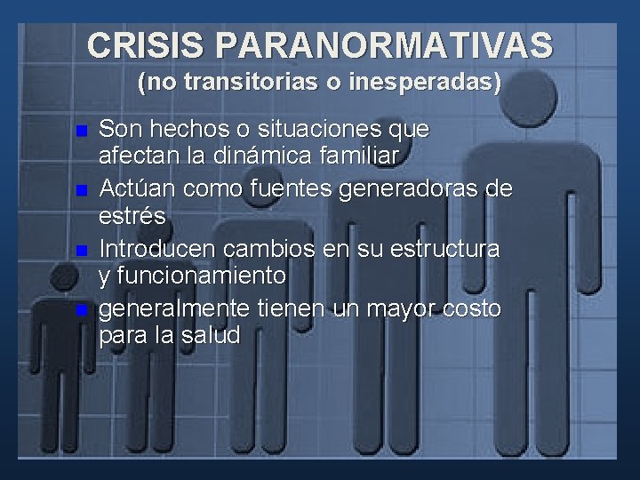 CRISIS PARANORMATIVAS (no transitorias o inesperadas) n n Son hechos o situaciones que afectan CRISIS PARANORMATIVAS (no transitorias o inesperadas) n n Son hechos o situaciones que afectan