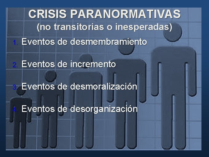 CRISIS PARANORMATIVAS (no transitorias o inesperadas) 1. Eventos de desmembramiento 2. Eventos de incremento CRISIS PARANORMATIVAS (no transitorias o inesperadas) 1. Eventos de desmembramiento 2. Eventos de incremento
