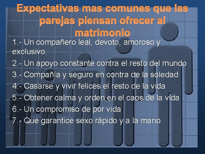 Expectativas mas comunes que las parejas piensan ofrecer al matrimonio 1. - Un compañero Expectativas mas comunes que las parejas piensan ofrecer al matrimonio 1. - Un compañero