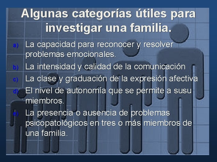 Algunas categorías útiles para investigar una familia. a) b) c) d) e) La capacidad Algunas categorías útiles para investigar una familia. a) b) c) d) e) La capacidad