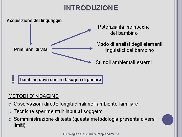 INTRODUZIONE Acquisizione del linguaggio Potenzialità intrinseche del bambino Primi anni di vita Modo di INTRODUZIONE Acquisizione del linguaggio Potenzialità intrinseche del bambino Primi anni di vita Modo di