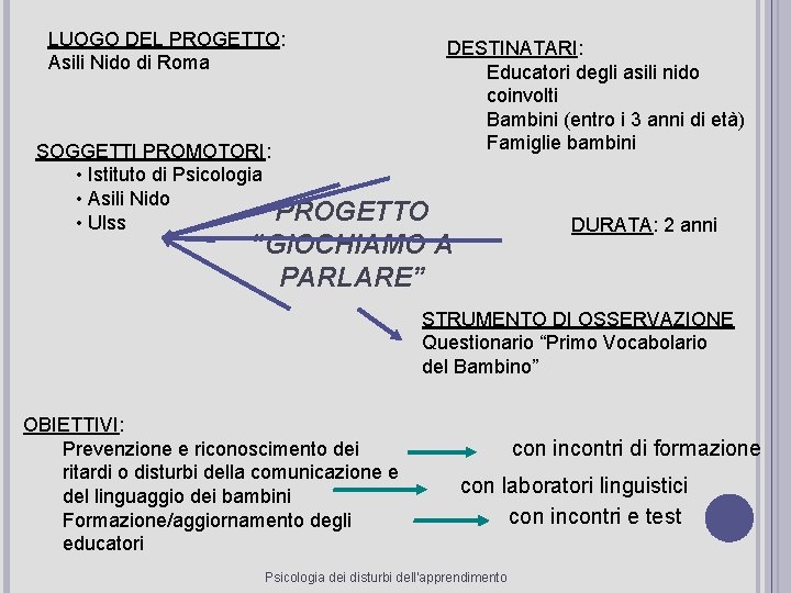 LUOGO DEL PROGETTO: Asili Nido di Roma SOGGETTI PROMOTORI: • Istituto di Psicologia • LUOGO DEL PROGETTO: Asili Nido di Roma SOGGETTI PROMOTORI: • Istituto di Psicologia •
