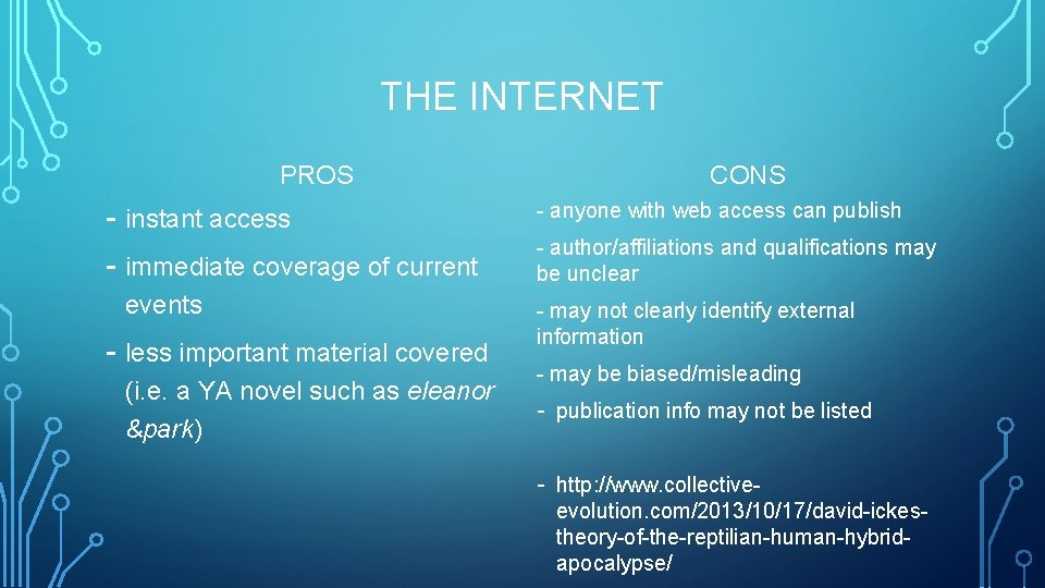 THE INTERNET PROS - instant access - immediate coverage of current events - less