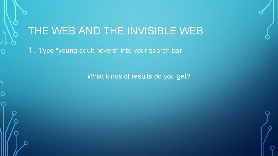 THE WEB AND THE INVISIBLE WEB 1. Type “young adult novels” into your search