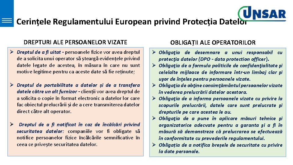 Cerințele Regulamentului European privind Protecția Datelor DREPTURI ALE PERSOANELOR VIZATE Ø Dreptul de a Cerințele Regulamentului European privind Protecția Datelor DREPTURI ALE PERSOANELOR VIZATE Ø Dreptul de a