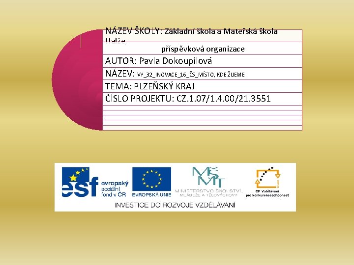 NÁZEV ŠKOLY: Základní škola a Mateřská škola Halže, příspěvková organizace AUTOR: Pavla Dokoupilová NÁZEV: NÁZEV ŠKOLY: Základní škola a Mateřská škola Halže, příspěvková organizace AUTOR: Pavla Dokoupilová NÁZEV: