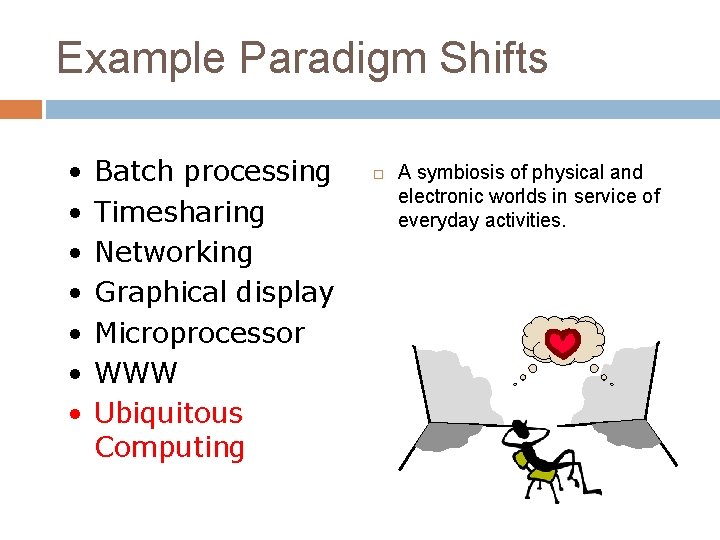Example Paradigm Shifts • • Batch processing Timesharing Networking Graphical display Microprocessor WWW Ubiquitous
