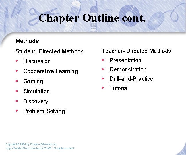 Chapter Outline cont. Methods Student- Directed Methods Teacher- Directed Methods • • • Discussion
