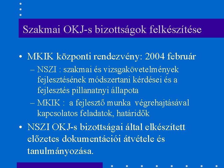 Szakmai OKJ-s bizottságok felkészítése • MKIK központi rendezvény: 2004 február – NSZI : szakmai