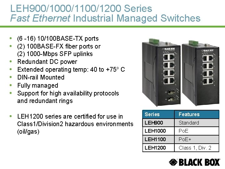 LEH 900/1000/1100/1200 Series Fast Ethernet Industrial Managed Switches • (6 -16) 10/100 BASE-TX ports